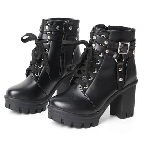 FOREADA Platform Boots For Women Black Chunky Boot Goth Ankle Booties Bead Lace Lolita Dress Shoes With Zipper - Image 1