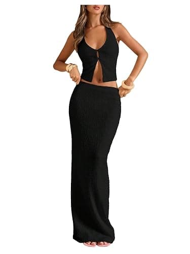 SOLY HUX Women's 2 Piece Evening Party Outfit Elegant Split Hem Halter Crop Top and Maxi Skirt Set - Image 1