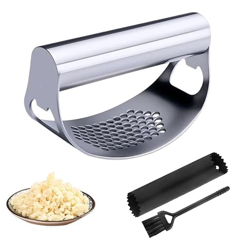 Stainless Steel Garlic Press Rocke, 2026 NEW Garlic Mincer and Garlic Crusher Tool, Easy-Squeeze Manual Garlic Crusher with Peeler and Cleaning Brush, Garlic Chopper Home Kitchen Gadgets (Silver) - Image 1
