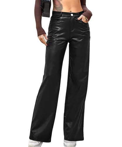 Navneet Women Faux Leather Pants PU High Waist Straight Leg Pant with Pockets Leather Leggings Bell Bottom Flare Pants - Image 1
