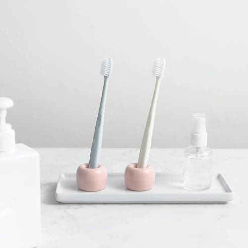 JMScape Mini Ceramic Couple Toothbrush Holder, Hand-Made Bathroom Toothbrush Holder, Electric Toothbrush Head Holder and Office Pen Holder 2-Piece Set (Pink) thumbnail 2