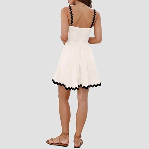 Senllen Womens Summer Flowy Mini Dress 2026 Casual Spaghetti Straps Sleeveless Smocked Backless Swing Wave Trim Sundress thumbnail 4