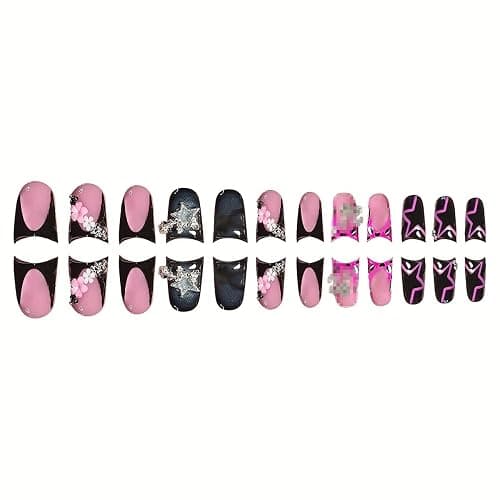 Black Press on Nails Duck Fake Nails with Star Design French Tip Nail Press ons Glossy Glue on Nails Reusable Artificial Acrylic Full Cover False Nail Short Stick on Nail for Women Manicure 24Pcs thumbnail 2