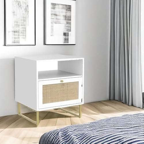 Nathan James Mina Rattan Wood End Side Accent Table Nightstand with Storage for Living Room or Bedroom, 1, White/Gold thumbnail 5