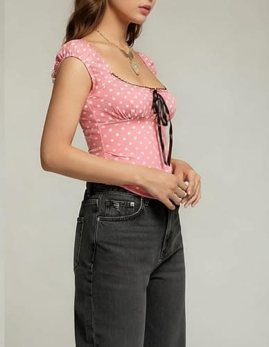 Women Y2K Fairy Grunge Shirt Cap Sleeve Lace Up Polka Dot Coquette Milkmaid Tops Vintage E-Girls Aesthetic Clothes thumbnail 3