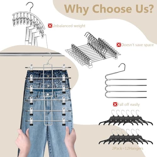 Pants Hangers with Clips,Space Saving Hanging Closet Organizer-6 Tiers Skirt Hangers with 360° Swivel Hook,Closet Organizer-Clothes Hangers- College Dorm Essentials Apartment Essentials-2 Pack thumbnail 3
