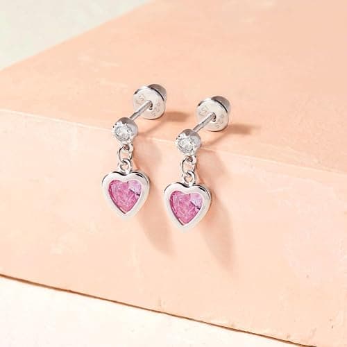 In Season Jewelry CZ Dangle Heart Kids Earrings - 925 Sterling Silver Hypoallergenic Earrings for Girls with Secure Screw Backs - Safe & Comfortable for Toddlers, Kids & Little Girls thumbnail 5