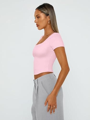 Trendy Queen Tshirts Shirts for Women Double Lined Going Out Crop Tops 2025 Spring Summer Workout Y2k Clothes Beach Fashion - X-Small - Sakurapink thumbnail 3