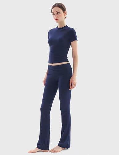 PUMIEY Women's 2 Piece Lounge Sets Short Sleeve Tops Fold-Over Flare Pants Casual Outfits Matching Set Nap Collection thumbnail 3