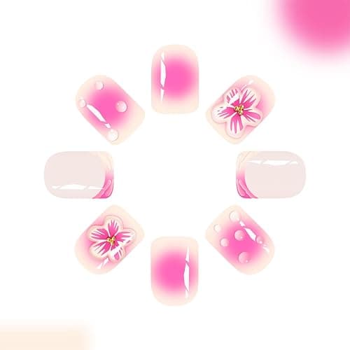 24pcs French Tip Press on Nails Short Square Fake Nails with 3D Flower Designs Pink Floral False Nail Kit Cute Flowers Artificial Acrylic Nails Kit Gradient Full Cover Glue on Nails for Women thumbnail 4