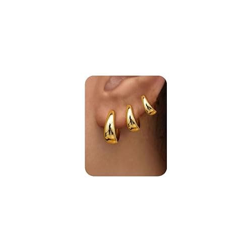 3Pairs Gold Hoop Earrings Set for Women Trendy Chunky Huggie Dainty Earring Jewelry for Women Teens thumbnail 2
