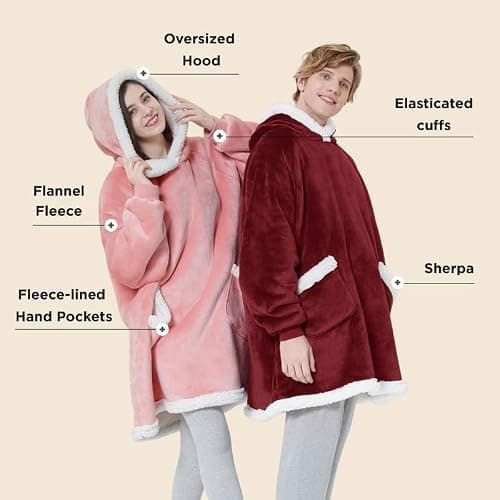 Bedsure Blanket Hoodie, Wearable Blanket for Adults & Kids as Gifts for Women Men, Birthday Gifts for Women Mom Girl Sherpa Oversized Hoodie, Burgundy, Standard thumbnail 2