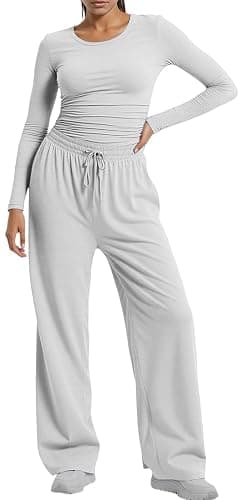 OLIPHEE Ensemble Femme 2 Pièces Haut Manches Longues et Pantalon Fluide Jambe Large Ensemble Chic et Elegant Survêtement Femme Combinaison Outfit Yoga Fitness Jogging thumbnail 5