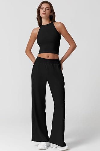 QINSEN Women's 2 Piece Sets Summer Ribbed Knit Crop Tank Tops Wide Leg Pants Sleeveless Tracksuit thumbnail 4