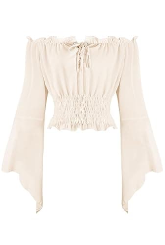 KIMIKAL Renaissance Cottagecore Shirt Women Peasant Blouse - Tie Front Off Shoulder Trumpet Sleeve Top - Image 1