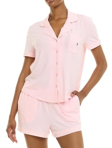 U.S. POLO ASSN. Summer Pajamas for Women Set | Short Sleeve Button Up Top and PJ Shorts - Bridesmaid Lounge Sets for Women - Image 1