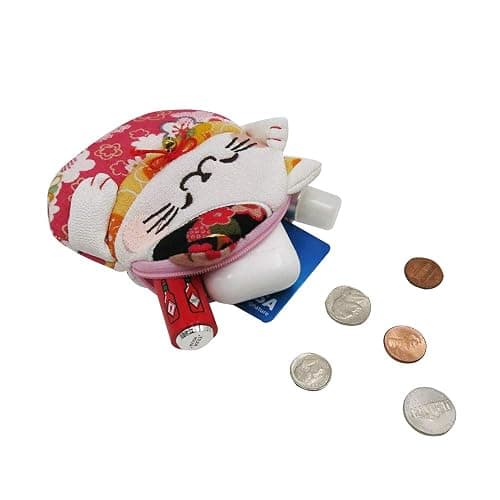 BAR AUTOTECH Zipper Maneki Neko lucky cat coin purse- Chirimen Kimono Print Style kawaii Cat Coin Wallet Holder for Coin Money Credit cards (Red) thumbnail 9