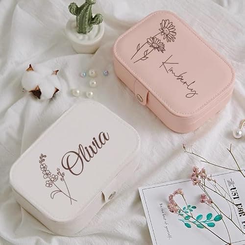 Fincekoom Personalized Jewelry Box Gifts for Women Custom Travel Jewelry Case Organization Leather Customized Birthday Anniversary Bridesmaid Gifts thumbnail 4