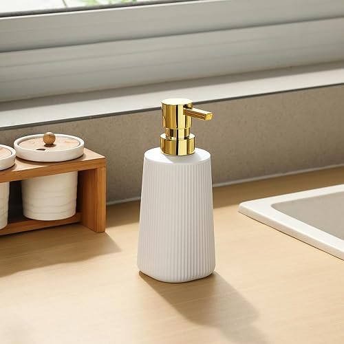 Small Soap Dispenser for Bathroom and Kitchen, Modern Farmhouse Striped Style Plastic Hand Soap Dish Soap Dispenser with Pump Matte White and Gold thumbnail 5