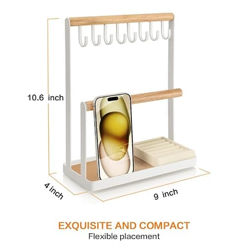 Jewelry Stand with Velvet Ring Holder, 3 Tier Necklace Hanging Wooden Ring Organizer Earring Tray, 8 Hooks Storage Necklaces, Bracelets, Rings and Watches on Desk Tabletop -White thumbnail 3