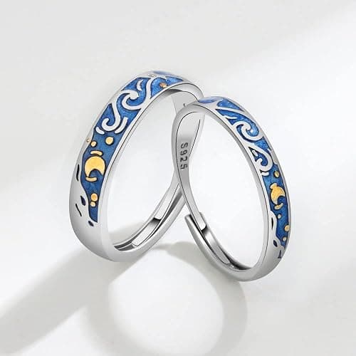 Lnnmomn 2pcs Vintage Style Van Gogh Starry Sky Couple Rings Starry Night Van Gogh Open rings for Women Vintage Silver Adjustable Gifts Jewelry thumbnail 3
