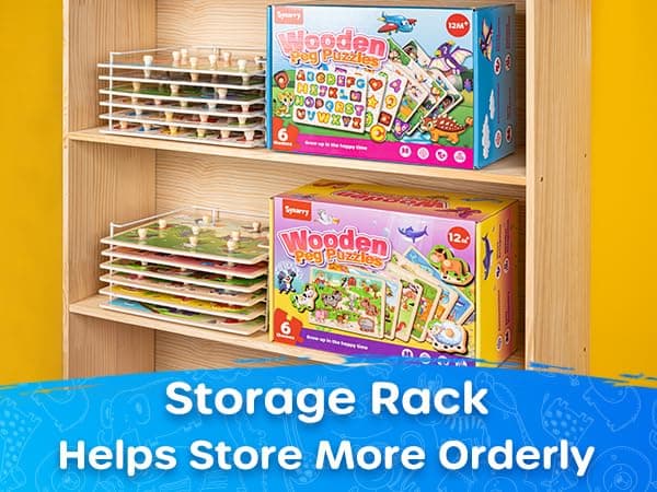SYNARRY Wooden Puzzles for Toddlers 1-3, 6XSET Puzzles for Toddlers 2-4 with Rack, Learning Alphabet Number Shape Animal Dinosaur Vehicle, Education Toddler Puzzles Toys Gifts for 2 3 Years Boys Girls thumbnail 9