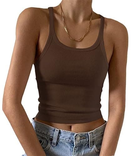 Artfish Women's Sleeveless Tank Top Form Fitting Scoop Neck Ribbed Knit Basic Cami Shirts - X-Small - 01#short Mocha Brown