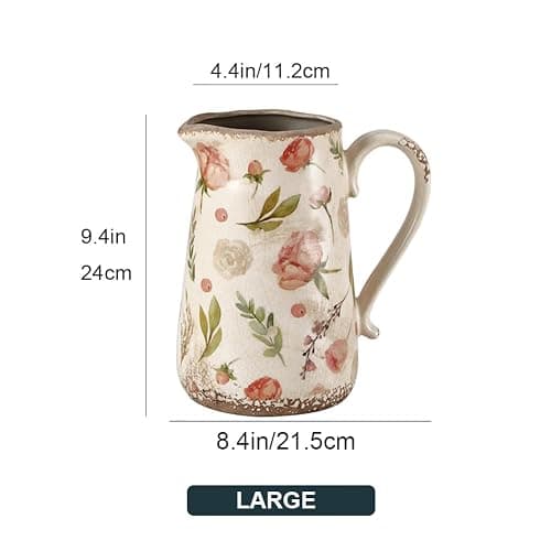 XIUWOUG Vintage Flower Vase Rustic Vases for Home Decor, Distressed Floral Vases with Handle, Ice Crack Pitcher Vase Scroll Tuscan Planter Gardening Decoration,C2 thumbnail 2