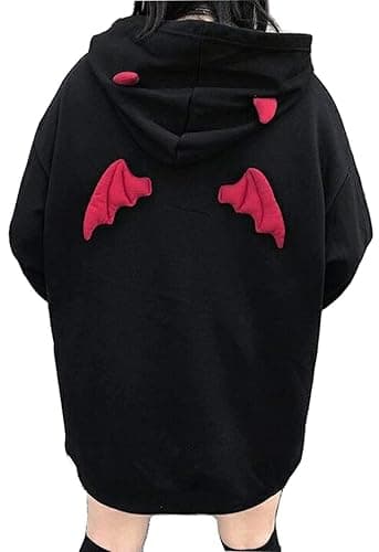 Womens Devil Wings Red Horn Sweatshirt Long Sleeve Hoodie Pullover Hooded Tops - Image 1