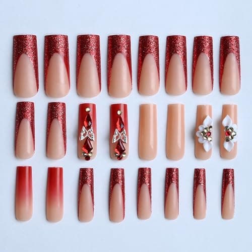 24Pcs Red French Tip Press on Nails Long Coffin Fake Nails 3D Flower Stick on Nails with Glitter Butterfly Rhinestones Red Gems Design Full Cover False Nails Artificial Glue on Nail Supply for Women thumbnail 5