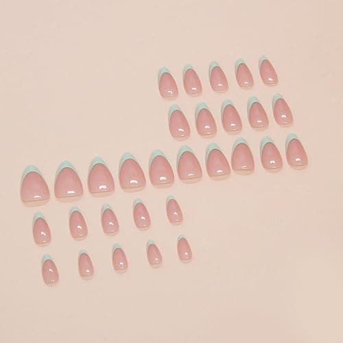 30Pcs Mint Green Press on Nails French Tip Fake Nails Short Almond Shape Acrylic False Nails Natural Artificial Glue on Nails Press on Nude Pink Stick on Nails DIY Art for Women Girls thumbnail 2