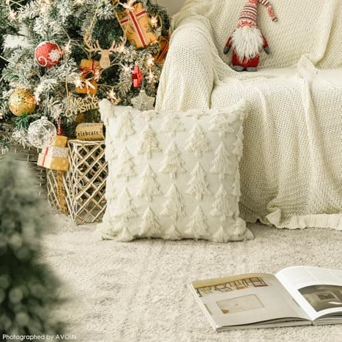 AVOIN colorlife Christmas Tree Beige Throw Pillow Covers Set of 2, 18 x 18 Inch Soft Plush Faux Fur Jacquard Festivals Winter Cushion Case Decoration for Sofa Couch thumbnail 2