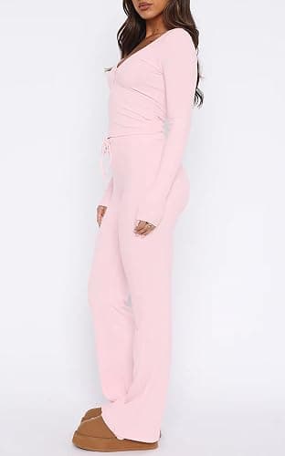 FWBBG Womens 2 Piece Lounge Sets Long Sleeve Crop Tops V Neck Flare Pants Set Fall Y2k Casual Outfits thumbnail 2