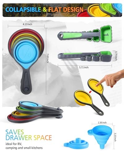 Measuring Cups and Spoons set, Collapsible Measuring Cups, 8 piece Measuring Tool Engraved Metric/US Markings for Liquid & Dry Measuring, Space Saving, BPA Free Silicone, Colorful thumbnail 4