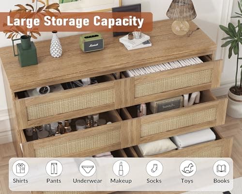 GarveeHome Rattan Dresser for Bedroom with 6 Drawers, 47 in Modern Farmhouse Wide Chest of Drawers, Wood Storage Cabinet Organizer for Closet, Living Room, Hallway thumbnail 4
