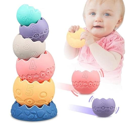 Baby Sensory Balls Teething Toys 6 9 12 18 Months Soft Building Blocks Toddlers Montessori Fine Motor Skills Stacking Ring Infant Boys Girls Easter Basket Stuffers Gifts One 1 2 3 Year Old - Image 1