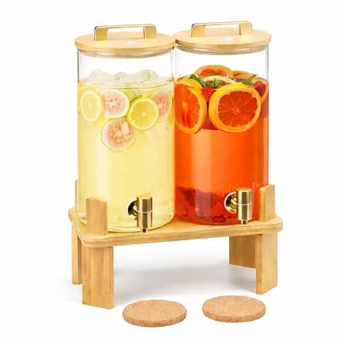 1.5 Gallon 2PCS Glass Drink Dispenser for Parties,Beverage Dispenser with Wooden Stand, Lemonade Dispenser,Juice Containers & Water Pitcher with Lid for Lemonade, Iced Tea and Party Drinks - Image 1