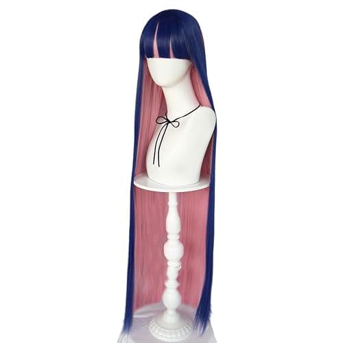 ANOGOL Hair Cap+ Blue Mix Pink Wig 105cm Long Straight Stocking Wigs for Girl with Bangs Costume for Women Synthetic Hair Wigs for Stocking Cosplay Halloween Wig Anime Party thumbnail 5