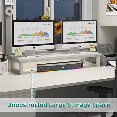 YAOHUOO Dual Monitor Stand Riser, 39Inch Large Monitor Stands for 2 Monitors, Computer Monitor Stand, Wooden Desktop Oraganizer Shelf for Office Desk Computer,Laptop,TV thumbnail 2