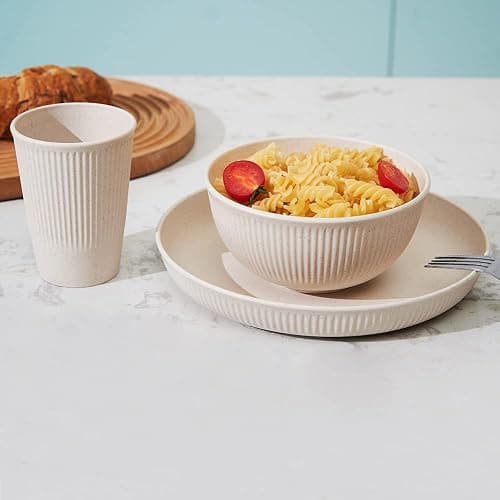 18pcs Wheat Straw Dinnerware Sets HXYPN Unbreakable Reusable Dinnerware Set Kitchen Cups Plates and Bowls Sets Dishwasher Microwave Safe Plates thumbnail 4