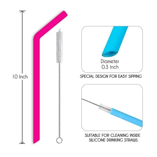 Hiware Reusable Silicone Straws, Long Flexible Silicone Drinking Straws with Cleaning Brushes for 30 oz Tumblers - 10 Pieces - BPA-Free - No Rubber Taste thumbnail 2