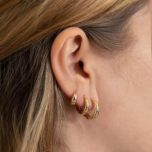3 Pairs Gold Chunky Hoop Earrings Stantement Huggie Earrings Minimalist Triple Hoops Small Earrings Set Trendy Hypoallergenic Stacks Huggie Jewelry Everyday Wear Earrings thumbnail 7