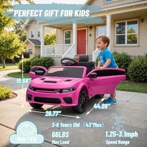 Electric Car for Kids,Licensed Dodge Charger SRT Hellcat Ride on Car,3.1mph Max Speed,12V 7A Kids Electric Vehicle with Remote Control,Music,LED Light,Bluetooth (Pink) thumbnail 2