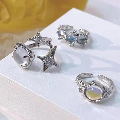 Pingyongchang H&Z Silver Y2K Jewelry Opal Moonstone Rings Grunge Natural Stone Kpop Rings Punk Coquette Stacking Rings Set for Women thumbnail 2