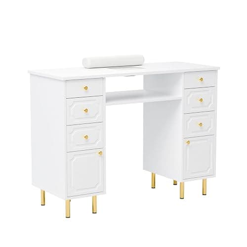 OmySalon White & Gold Accent Nail Desk for Nail Tech, Manicure Table with Electric Dust Collector, Storage Drawers & Wrist Cushion, Acetone Resistant for Salon and Home Nail Station - Image 1