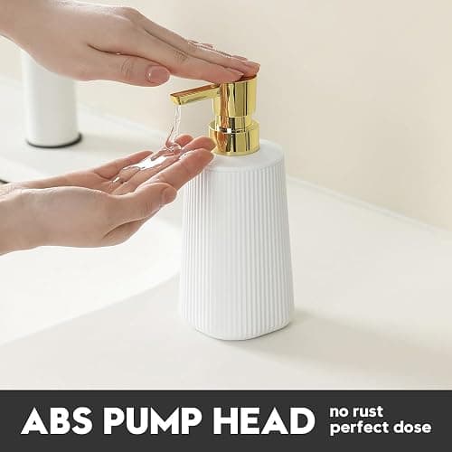 Small Soap Dispenser for Bathroom and Kitchen, Modern Farmhouse Striped Style Plastic Hand Soap Dish Soap Dispenser with Pump Matte White and Gold thumbnail 4