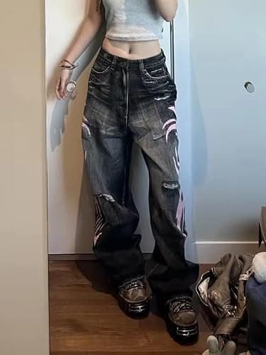 Xojbzoo Unisex Y2K Streetwear Baggy Jeans Retro Totem Print Goth Pants High Waisted Wide Leg Harajuku Hip-Hop Style thumbnail 4