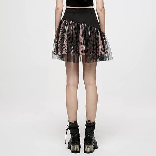 PUNK RAVE DAILY Women Gothic Skirts Women Goth Mini Plaid Skirt with Tulle Punk Dunk High Waist A-Line Party Skirt thumbnail 5