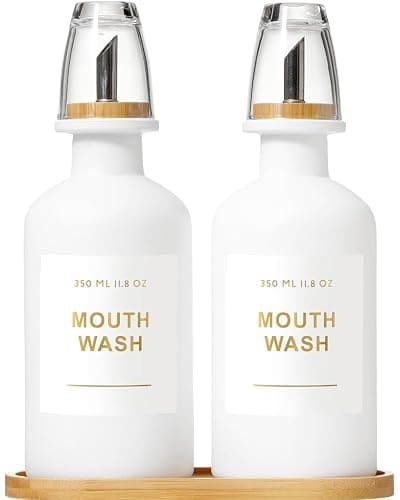BONLONG 11.8OZ Mouthwash Dispenser for Bathroom with Bamboo & Stainless Steel Pour Spout, Mouthwash Cups Reusable, Bamboo Tray, and Elegant Gold Label. Set of 2(White - Image 1
