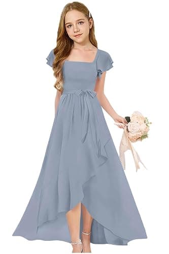 Augday Short Sleeves Junior Bridesmaid Dresses for Wedding Chiffon Flower Girl Dress for Wedding Party Pageant Gown thumbnail 6